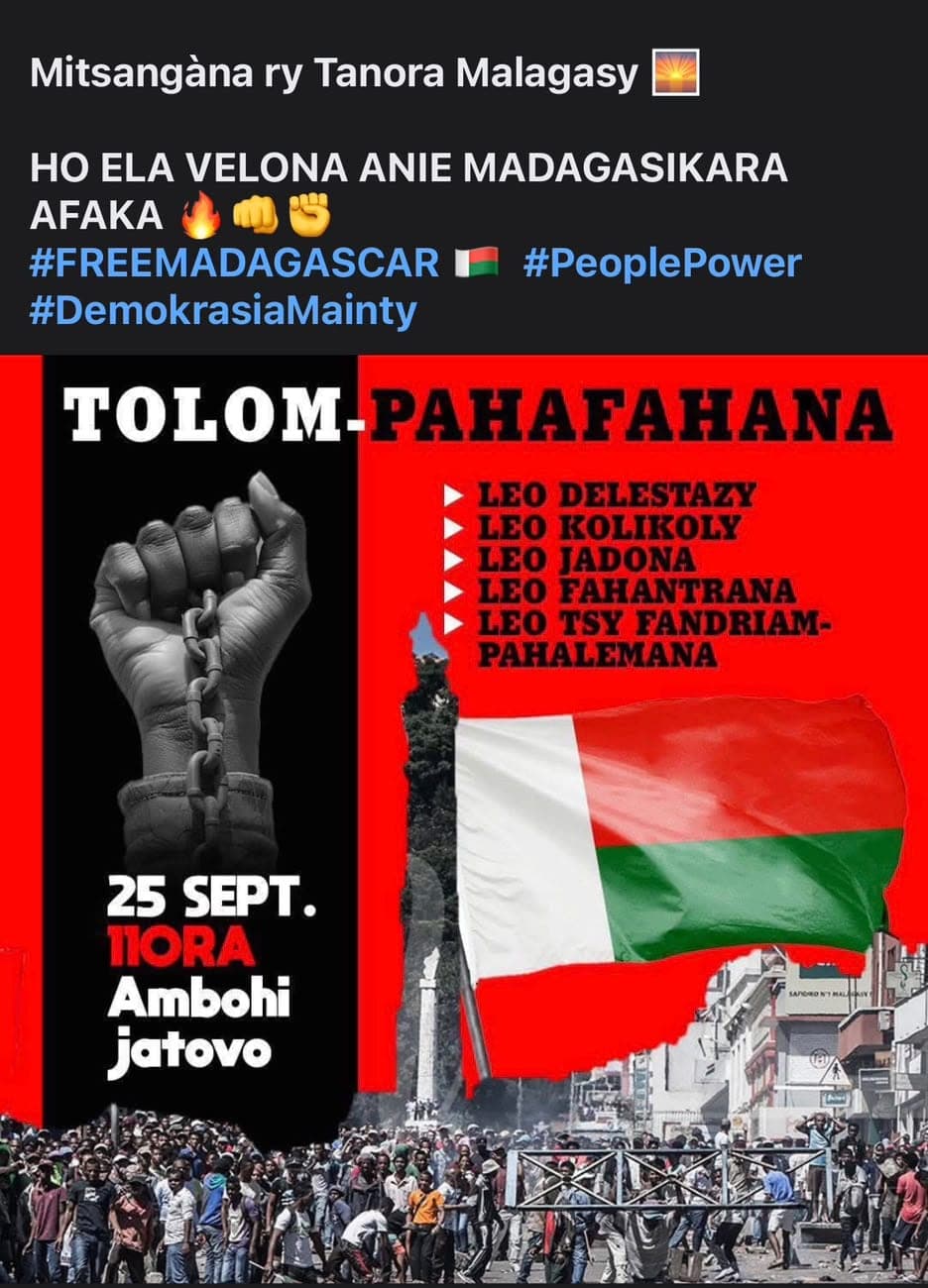 Publication Gen Z Madagascar : Tolom-pahafahana. Leo delestazy, leo kolikoly, leo jadona, leo fahantrana, leo tsy fandriampahalemana.